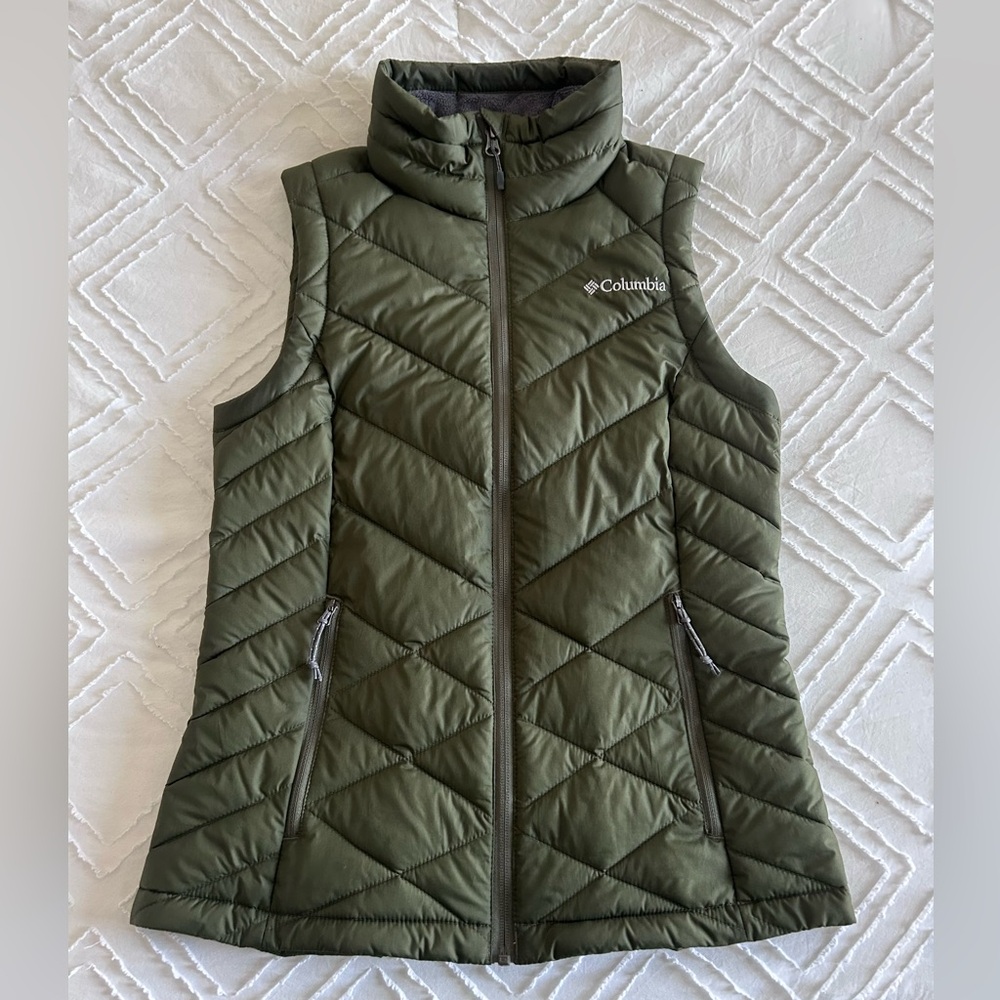 Columbia Women’s Green Omni-Heat Puffer Vest Full Zip Mock Neck Sz XS Winter